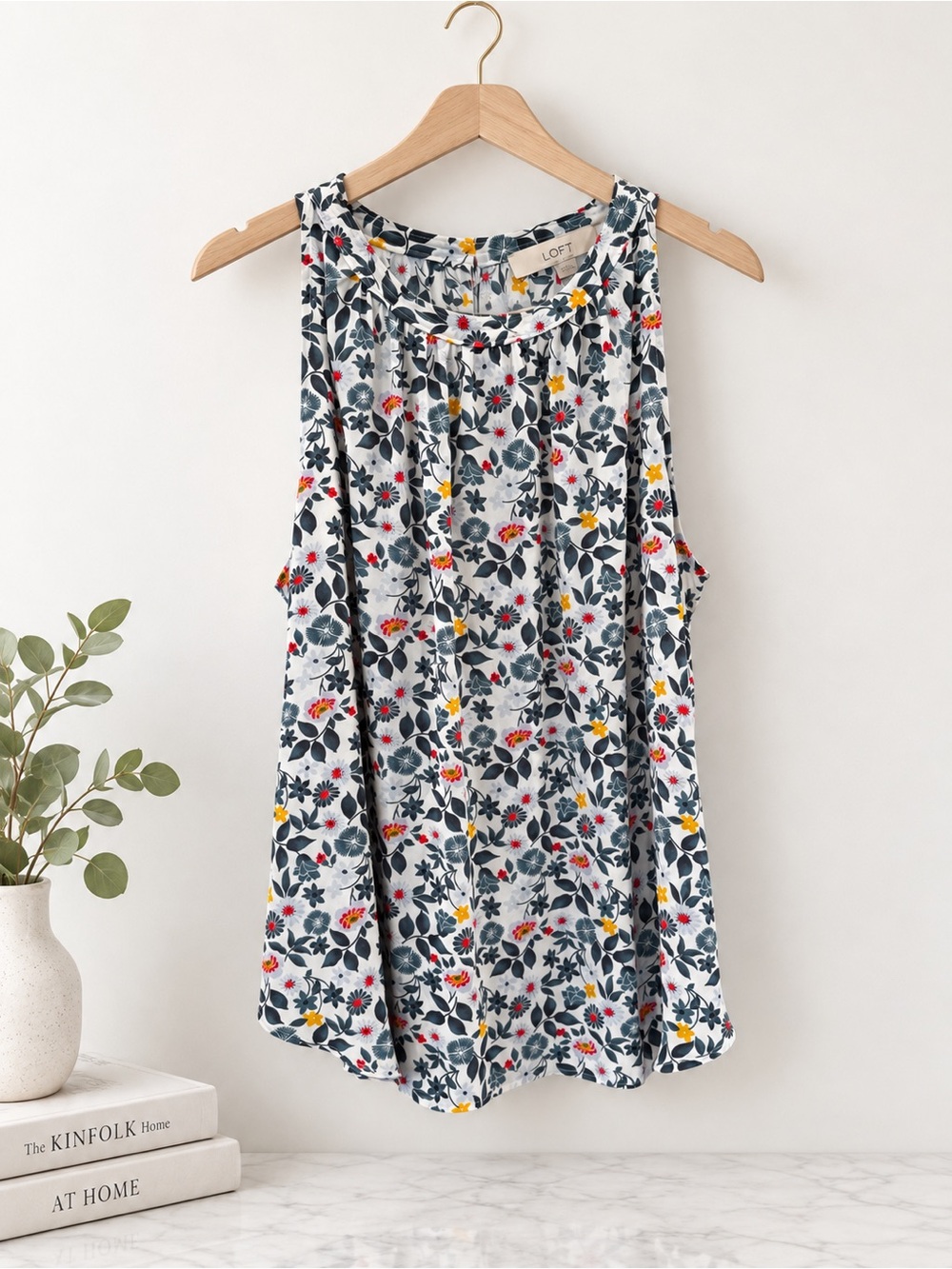 LOFT Floral Sleeveless Shell Top - White with Navy, Red & Yellow Flowers